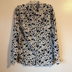 Notations Vintage Blouse Black & White Dalmatian Print Adjustable Sleeves
